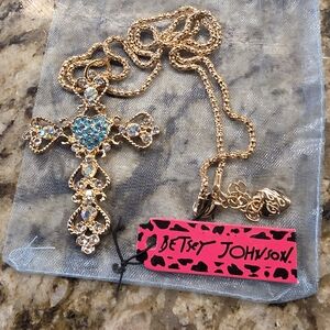 Betsey Johnson Gold-Tone Cross Necklace with Blue and Iridescent Crystals